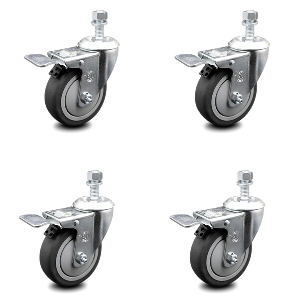 4 Inch Thermoplastic Rubber Swivel 12mm Stem Caster Set Total Lock Brake SCC